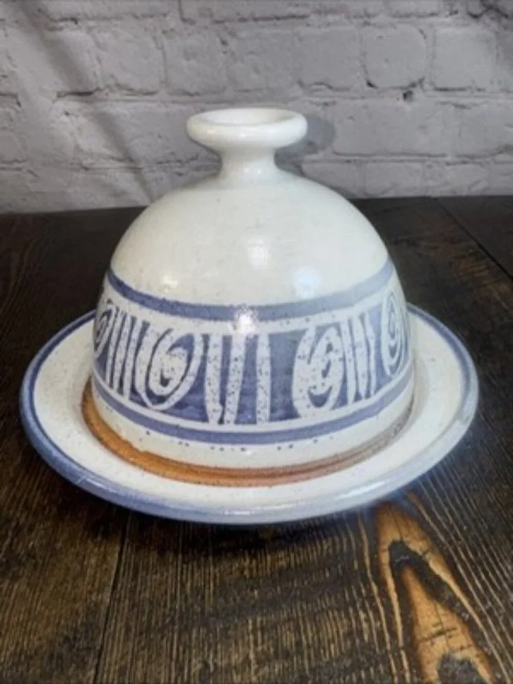 Butter Cheese Dish Pottery Glazed Stoneware Blue Gray with Dome Lid Cover
